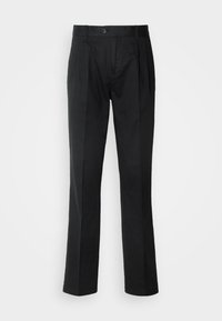 Black tailored trousers with a straight fit, featuring front pleats, a button closure, and a smooth fabric texture.