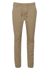 Beige taps broek met een elastische tailleband en trekkoord, voorzien van zijzakken en elastische manchetten voor een comfortabele pasvorm. Gladde katoenen stof.