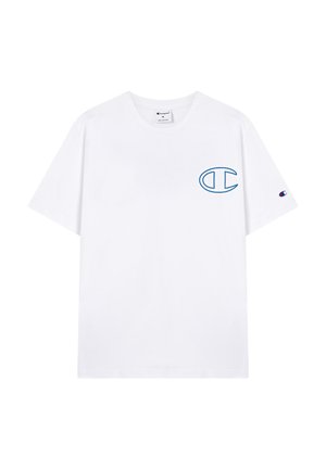 Biała bawełniana koszulka z niebieskim logo na lewej piersi i małym logo na prawej rękawce. Okrągły dekolt, krótkie rękawy.