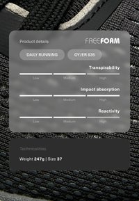 Codzienne buty do biegania OY/ER 835 o średniej przewiewności, wysokiej amortyzacji uderzeń, niskiej reaktywności. Waga 247 g, rozmiar 37.