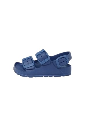 Sandalo blu navy con punta aperta, tre cinturini con fibbia regolabili e cinturino posteriore, realizzato in materiale gommoso modellato.