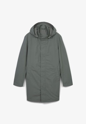 Cappotto lungo grigio con cappuccio, chiusura con zip, tasche laterali, texture liscia e taglio dritto. Tessuto leggero, adatto per sovrapposizioni.