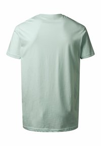 Jasnozielona bawełniana koszulka z okrągłym dekoltem i krótkimi rękawami. Gładka struktura, luźny krój, brak widocznych wzorów lub logo. Widok z tyłu.