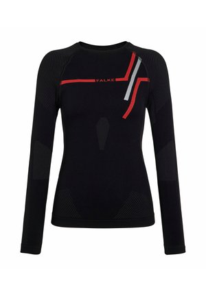 Schwarzes langärmeliges Sportshirt mit roten und grauen eckigen Streifen und "FALKE"-Logo über der Brust, gerippte Textur an Ärmeln und Seiten.