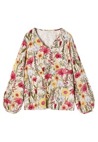 Blusa floral en crema con flores rojas, amarillas y moradas. Escote en V, mangas largas y voluminosas, y una forma ligeramente acampanada.