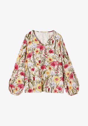 Bluzka w kwiaty w kolorze kremowym z czerwonymi, żółtymi i fioletowymi kwiatami. Dekolt w serek, długie objętościowe rękawy i lekko rozszerzany krój.