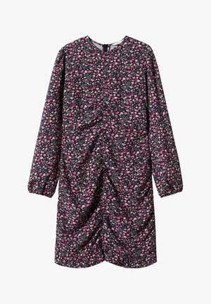 Robe à manches longues avec fond sombre et petit imprimé floral rose et blanc, avec détail de tissu froncé sur le devant au centre.