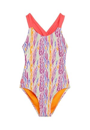 Bañador de una pieza con rayas verticales abstractas de colores y tirantes anchos color coral que se cruzan en la espalda, forro interior naranja visible en las aperturas de las piernas.