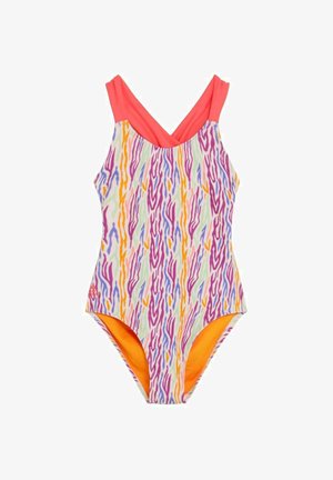 Bañador de una pieza con rayas verticales abstractas de colores y tirantes anchos color coral que se cruzan en la espalda, forro interior naranja visible en las aperturas de las piernas.