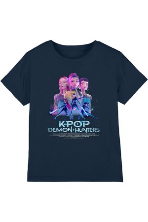 Navy T-shirt with neon-lit graphic of three animated female characters and three action poses, titled "K-Pop Demon Hunters."