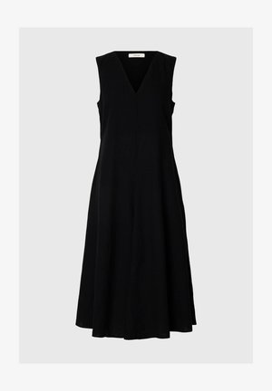 Varrukateta must midi kleit V-kaelusega, istuva bodi ja lehviva seelikuga, esitatud hallil taustal.