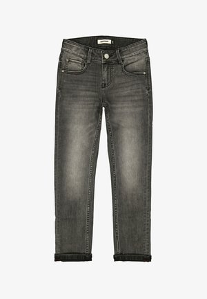 Sorte denimjeans med et klassisk fem-lomme-design, midt-høj talje, let falmet effekt og op rullede manchetter ved anklerne.