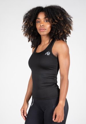 Black athletic tank top with a fitted design, featuring a gray logo on the upper left side, and broad straps for support.