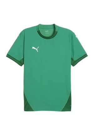 Grøn atletisk skjorte med korte ærmer, rund hals og kontrasterende mørkegrønne sidepaneler; inkluderer et hvidt Puma-logo.
