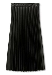 Black pleated skirt made of faux leather. Features a smooth waistband and vertical folds, with a hemline that flares slightly.