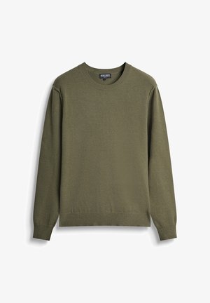 Olive green knit sweater with a crew neckline, long sleeves, and ribbed cuffs and hem. Soft texture and a simple design.
