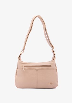 Beige leather handbag with a textured surface, a single adjustable strap, and a front zipper pocket. Features gold-tone logo detailing.