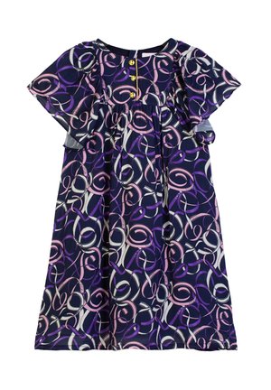 Vestito blu navy con motivi astratti rosa e viola a forma di anello, maniche corte a svolazzo e tre bottoni dorati sulla parte superiore frontale.