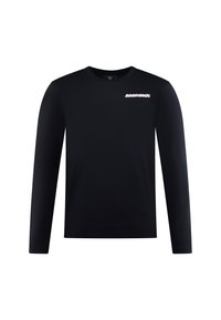 Schwarzes Langarmshirt aus Baumwolle mit einem weißen und rosafarbenen "Rossignol"-Logo auf der Vorderseite und Rundhalsausschnitt.