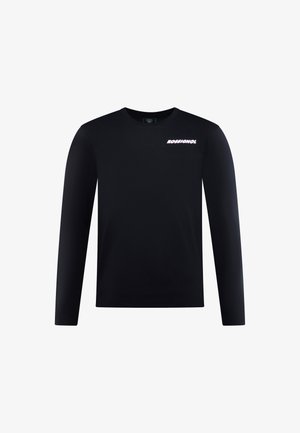 Schwarzes Langarmshirt aus Baumwolle mit einem weißen und rosafarbenen "Rossignol"-Logo auf der Vorderseite und Rundhalsausschnitt.