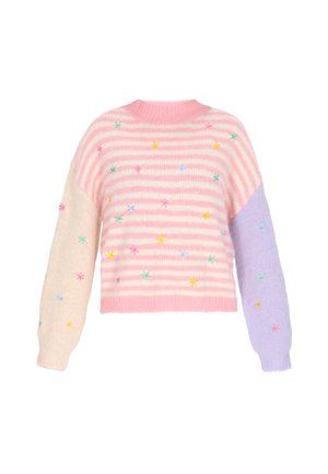 Strickpullover mit pinken und weißen Streifen. Verfügt über pastellfarbene gestickte Blumen und einen lavendelfarbenen Ärmel. Weiche Textur. Verkürztes Design.
