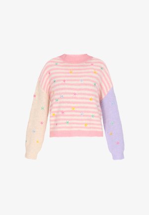 Strickpullover mit pinken und weißen Streifen. Verfügt über pastellfarbene gestickte Blumen und einen lavendelfarbenen Ärmel. Weiche Textur. Verkürztes Design.