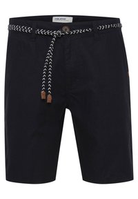Navy shorts made of cotton with a woven, contrasting belt. Features a button closure and subtle logo patch on the front.