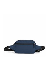 Marsupio blu navy realizzato in tessuto resistente, con una tasca frontale con zip, cinturino nero regolabile e forma rettangolare piatta.