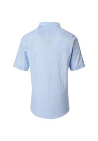 Korte mouwen shirt in lichtblauw met een subtiele textuur, voorzien van een kraag en een rechte zoom, ontworpen voor een ontspannen pasvorm en comfort.