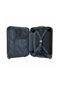 Valigia rigida blu navy con chiusura a cerniera, tasca interna in rete, cinghie di compressione e fodera liscia. Dotata di ruote resistenti e manico.