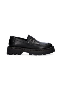 Mocasines de cuero negro con detalles de tachuelas, suela de plataforma texturizada y un diseño elegante de mocasín. Acentuados con una franja brillante.
