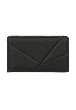 Portefeuille en cuir noir avec motif géométrique cousu et logo de la marque en relief dans le coin inférieur gauche, présenté fermé sur un fond blanc uni.