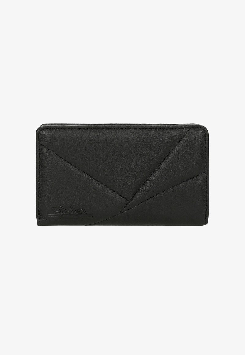 Portefeuille en cuir noir avec motif géométrique cousu et logo de la marque en relief dans le coin inférieur gauche, présenté fermé sur un fond blanc uni.