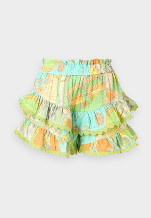 Shorts a strati colorati con vita elastica, caratterizzati da un motivo in verde, arancione e blu, rifiniti con bordi scallop.
