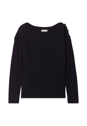 Donker marineblauwe gebreide trui met lange mouwen, brede boot-halslijn en decoratieve knopen op één schouder. Bevat een gestructureerde stof.