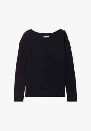 Donker marineblauwe gebreide trui met lange mouwen, brede boot-halslijn en decoratieve knopen op één schouder. Bevat een gestructureerde stof.