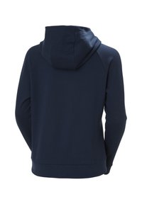 Sudadera azul marino con un corte relajado, que cuenta con capucha, mangas largas y puños y dobladillo de canalé. Textura de tela suave, diseño sencillo.