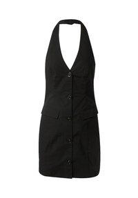 Schwarzes Halfterkleid mit tiefem V-Ausschnitt, fünf vorderen Knöpfen und zwei Seitentaschen. Hergestellt aus einem glatten Stoff, taillierte Passform.