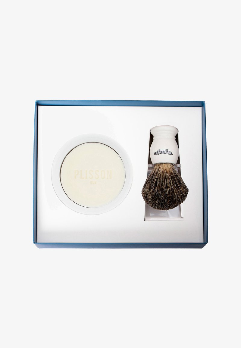 Rasier-Set bestehend aus einer weißen Keramikschale mit Deckel und einem Silberzopfbadger-Haarpinsel, präsentiert in einer blauen Box.