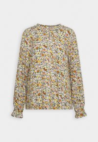 Blusa floral de mangas longas em tecido leve, com decote franzido, pregas e um padrão multicolorido com tons principalmente de amarelo, rosa e preto.