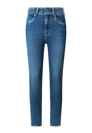 Jeans in denim blu con una vestibilità slim, vita alta, passanti per la cintura e due tasche anteriori. Presentano un lavaggio chiaro e cuciture sottili.