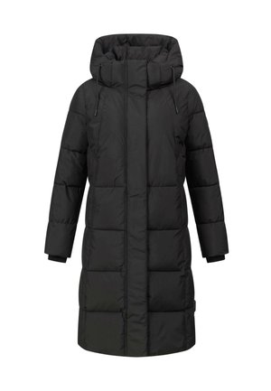 Manteau rembourré noir avec un col haut et une capuche, présentant un design matelassé et des manches longues. Fabriqué à partir d'un matériau lisse et résistant à l'eau.