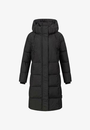 Manteau rembourré noir avec un col haut et une capuche, présentant un design matelassé et des manches longues. Fabriqué à partir d'un matériau lisse et résistant à l'eau.