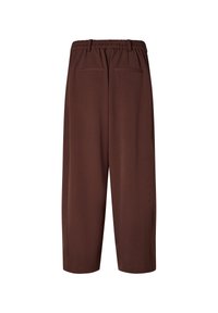 Pantaloni marrone a gamba larga con vita elastica, due tasche posteriori e una texture liscia. Progettati per il comfort e la libertà di movimento.