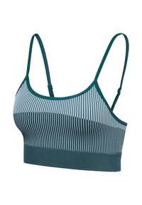 Naadloze sportbeha in zeegroen en lichtblauw gestreept met dunne verstelbare bandjes en een brede geribde onderband.