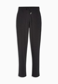 Pantalones de chándal negros hechos de una tela suave, con una cinturilla elástica y cordón, y un diseño de pierna recta.