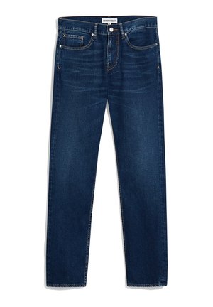 Donkerblauwe denim jeans met een rechte snit, vijf zakken en contrasterende stiksels. Voorzien van een knoopsluiting en rits.