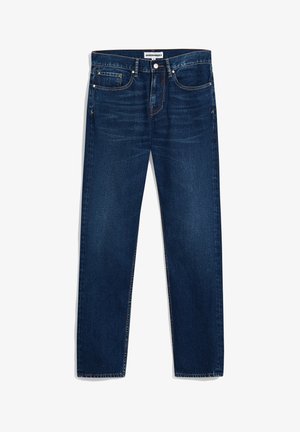 Dunkelblaue Jeans aus Denim mit geradem Schnitt, fünf Taschen und Kontrastnähten. Mit Knopfverschluss und Reißverschluss.