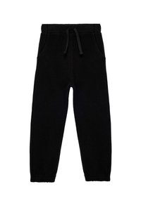 Sorte sweatpants med waffle-tekstur, elastisk talje og snøre. Har to sidelommer og smalle benåbninger.