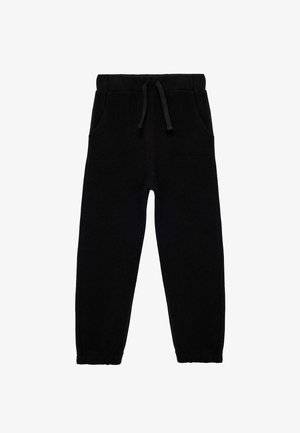 Zwarte sweatpants met wafelstructuur, voorzien van een elastische tailleband en trekkoord. Bevat twee zijzakken en taps toelopende beenopeningen.